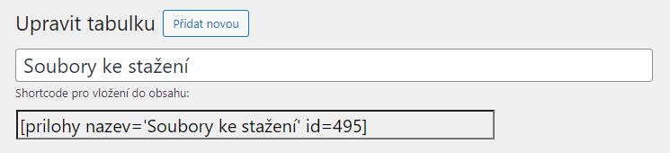 Krátký kód (shortcode) pro vložení přílohové tabulky.